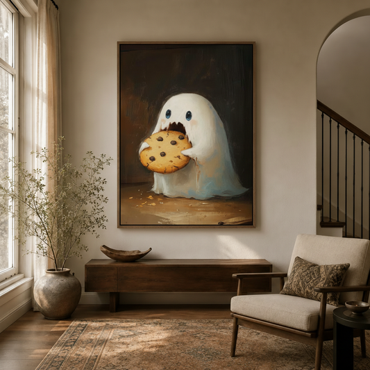  Cute ghost cookie wall art displayed in bright entryway above console table