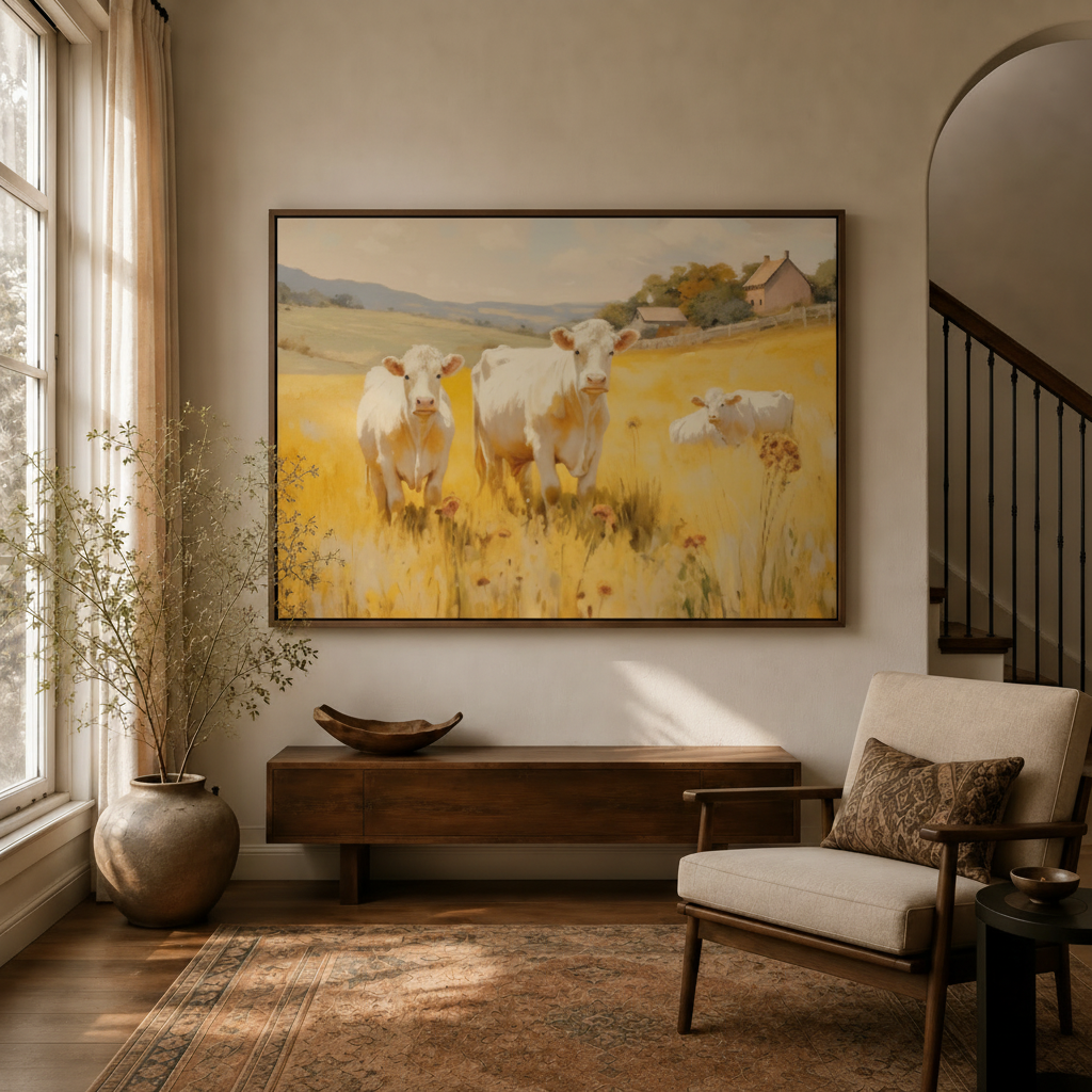 Framed white cows golden meadow pastoral canvas wall art above sideboard in warm modern entryway sitting room