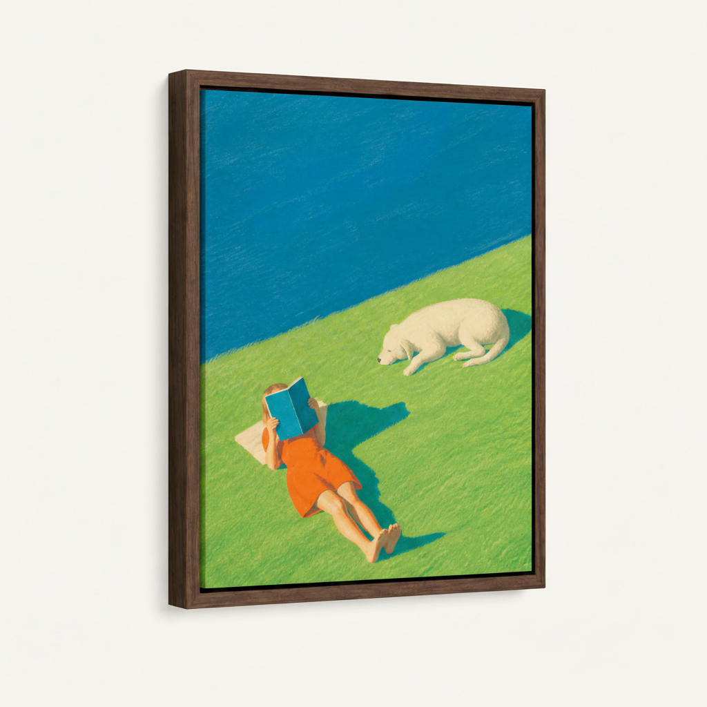 Framed canvas print close-up showing person in orange reading on green grass with white dog, walnut frame detail

