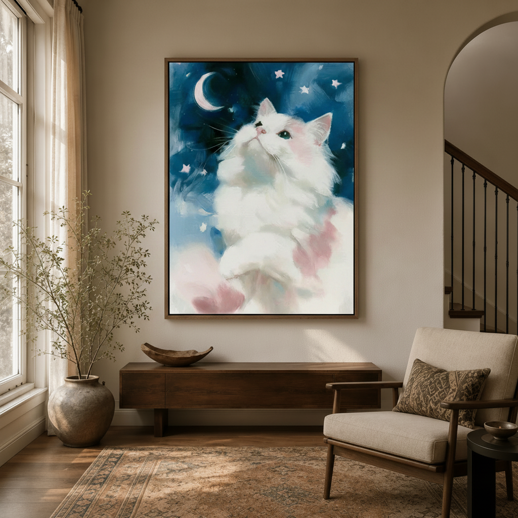 Dreamy white cat moon stars framed canvas wall art displayed in a warm neutral entryway with wooden console