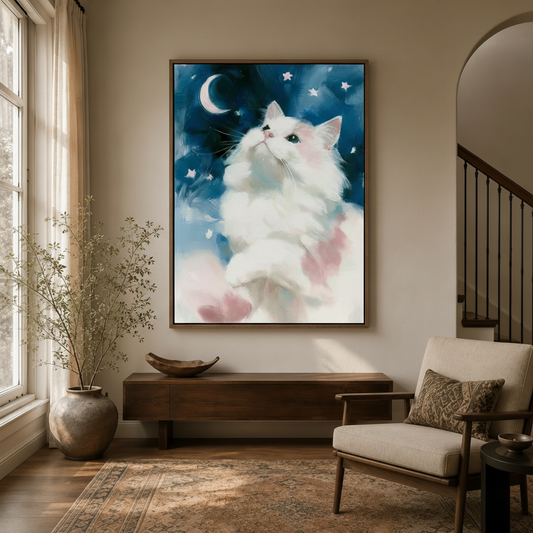 Dreamy white cat moon stars framed canvas wall art displayed in a warm neutral entryway with wooden console