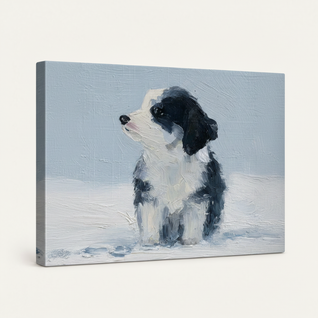 Gallery-wrapped border collie puppy canvas art on white background showing cool blue brushstroke texture and side depth