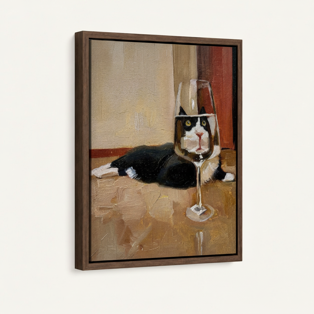 Tuxedo cat wine glass impasto canvas in dark walnut float frame, front view product mockup on white background