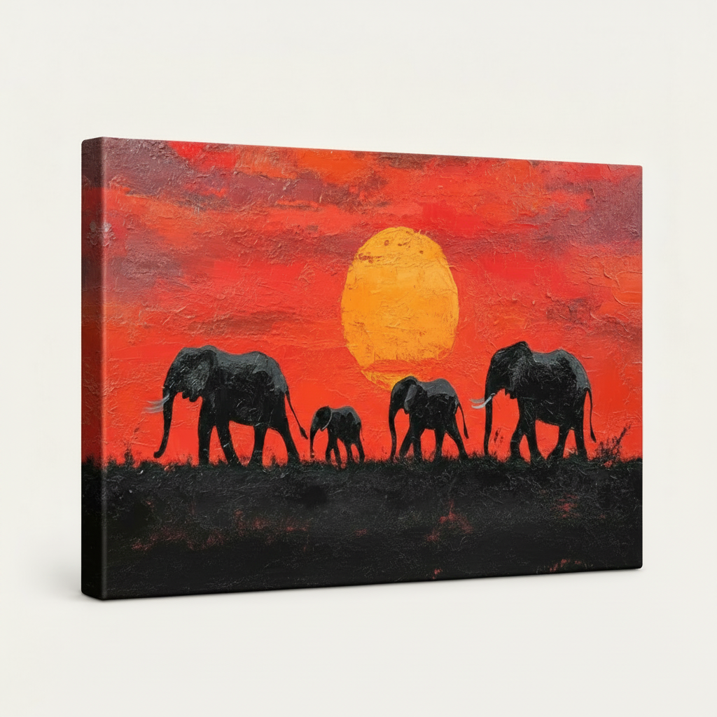 Frameless elephant sunset canvas wrap at 45-degree angle showing wrap thickness on off-white background
