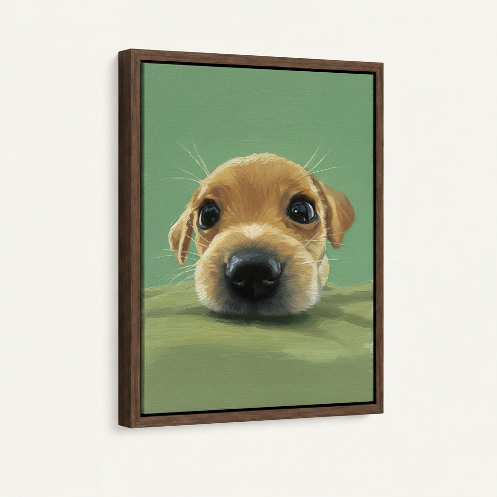 Framed cute puppy oil painting canvas print in walnut wood floater frame, front view