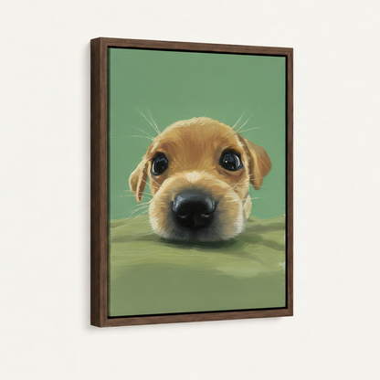 Framed cute puppy oil painting canvas print in walnut wood floater frame, front view