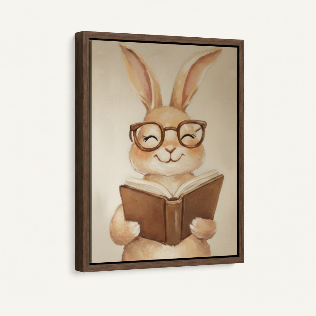 Watercolor bunny with glasses reading canvas art in dark walnut frame with hairline gap, off-white background