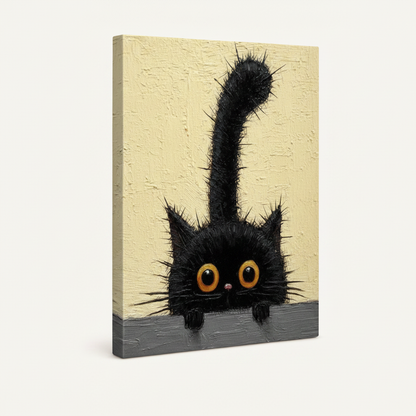 Gallery-wrapped canvas showing spiky black cat peeking over ledge with upright tail, angled view
