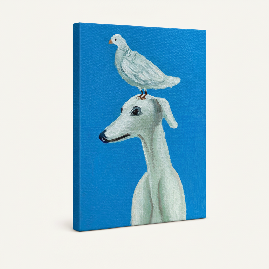 Gallery-wrapped greyhound and dove canvas showing side depth on clean off-white background