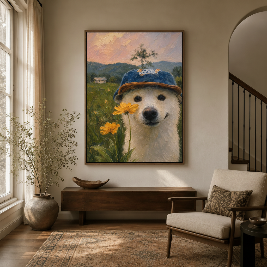 White dog blue hat canvas in walnut float frame displayed in bright entryway above console table