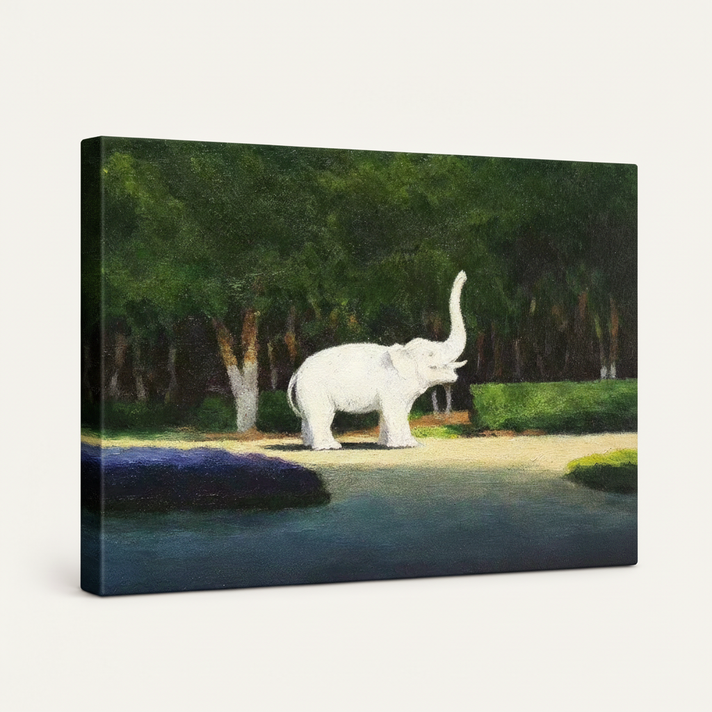 Gallery-wrapped white elephant oil painting canvas, angled view showing wrap edges on white background