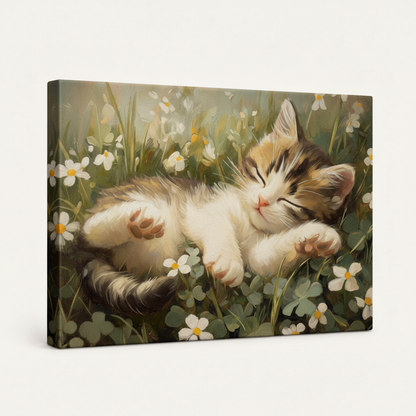 Gallery-wrapped sleeping kitten floral canvas shown from an angled side view.