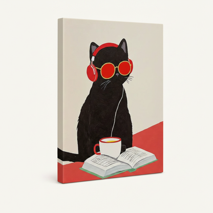 Gallery wrapped cat illustration canvas print side angle view off-white background