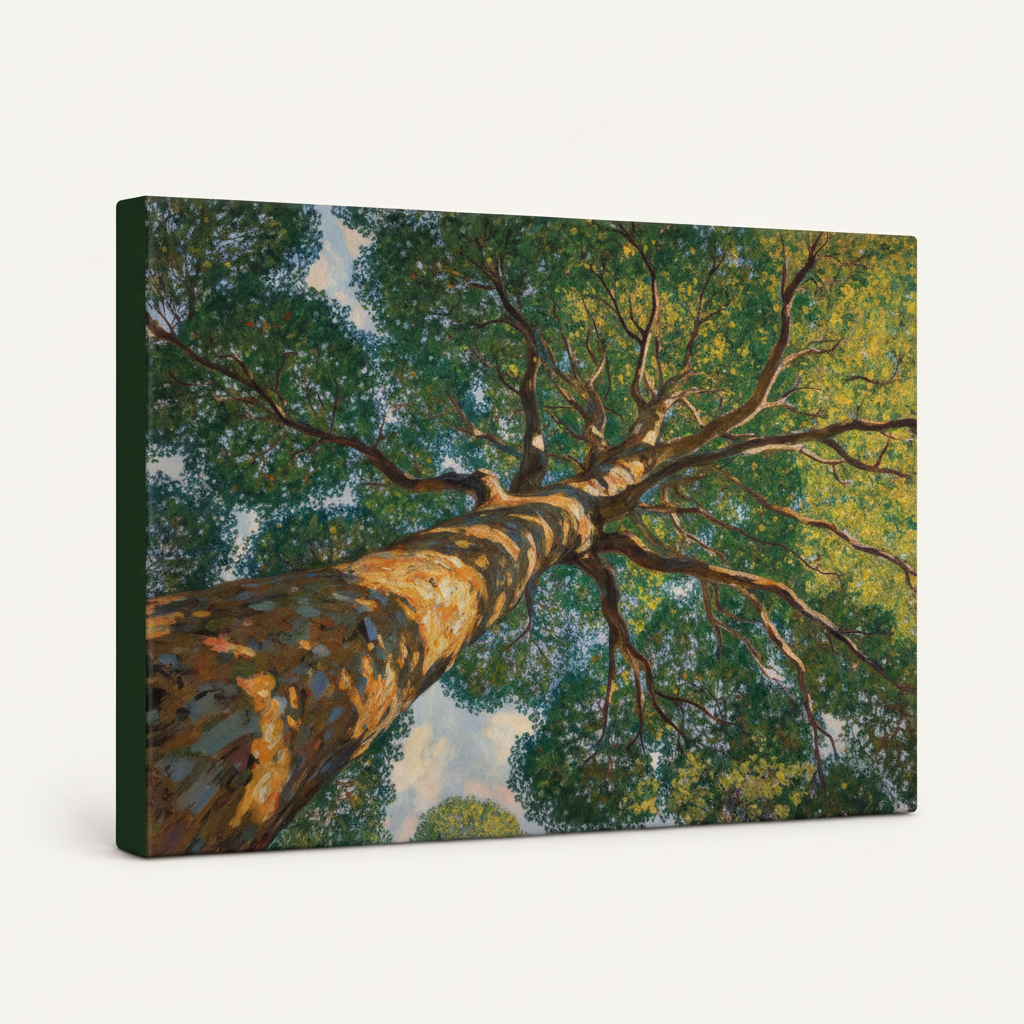 Gallery-wrapped tree canopy oil painting canvas showing amber bark side edge on white background