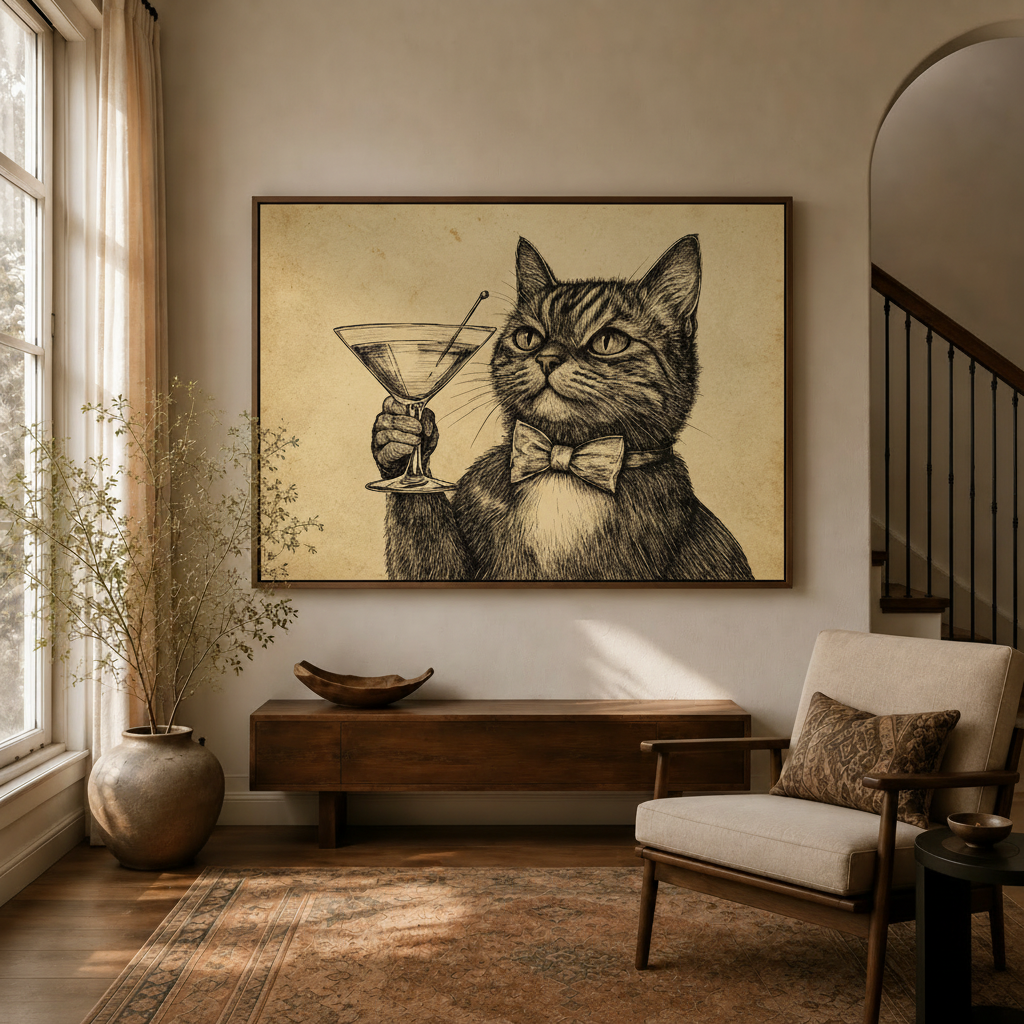 Vintage cat martini framed canvas art displayed in warm neutral entryway above wooden console table
