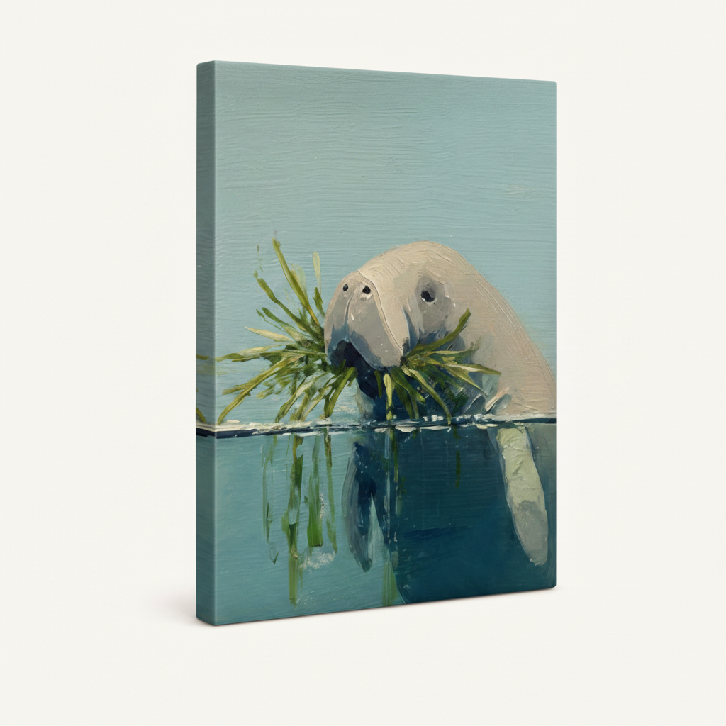 Gallery wrapped manatee canvas art angled product shot showing teal waterline composition and wrap edges