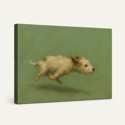 Gallery-wrapped canvas of vintage impressionist dog painting, side angle product view