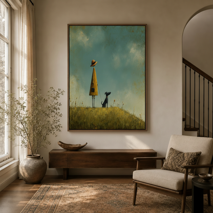 Charming girl and dog meadow canvas hung above console in bright entryway with Persian rug and arched doorway