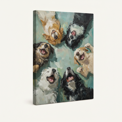 Gallery wrapped dog oil painting canvas print side angle view off-white background