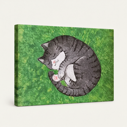Gallery-wrapped canvas featuring a sleeping gray cat illustration on textured green background