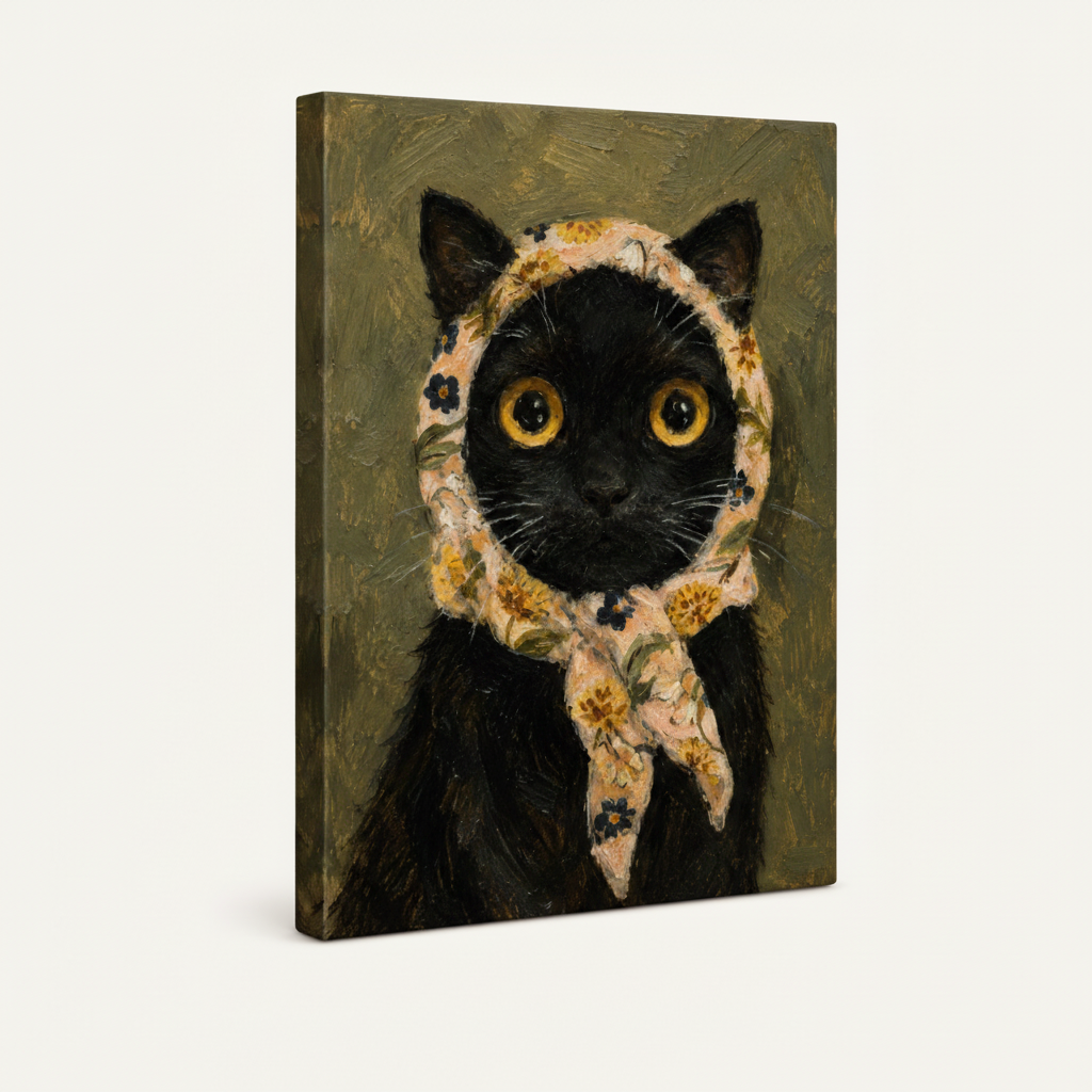 Gallery wrapped canvas of impressionist black cat with floral headscarf, side-angle view showing canvas depth