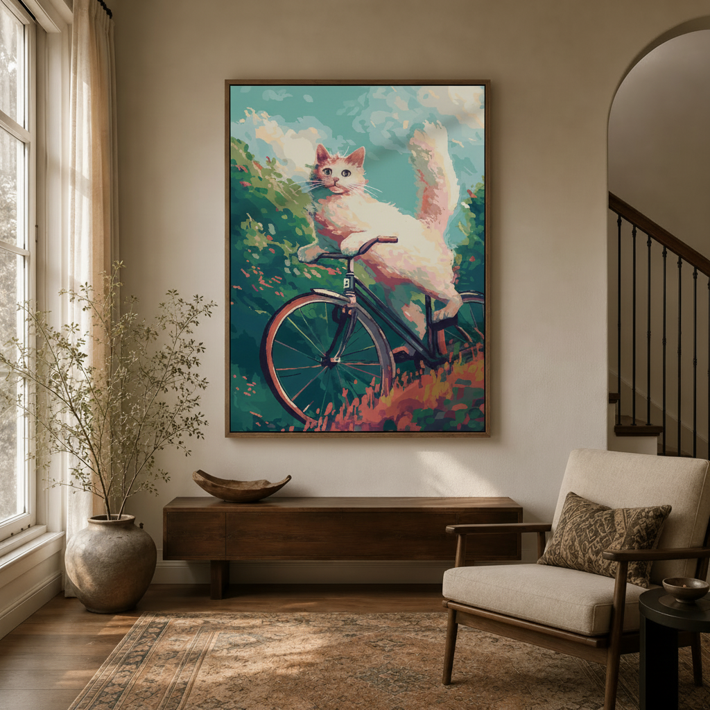 Whimsical white cat bicycle canvas hung above console in bright entryway with Persian rug and arched doorway