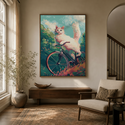 Whimsical white cat bicycle canvas hung above console in bright entryway with Persian rug and arched doorway