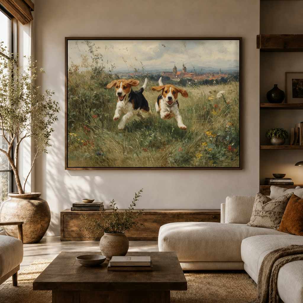 Two beagles meadow classical canvas wall art above console in bright Japandi living room white sofa