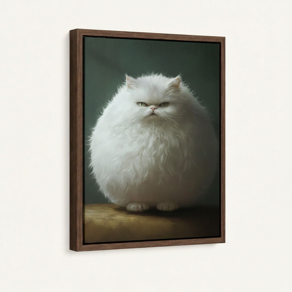 Dark wood float frame close-up of grumpy white cat portrait canvas with moody teal studio background