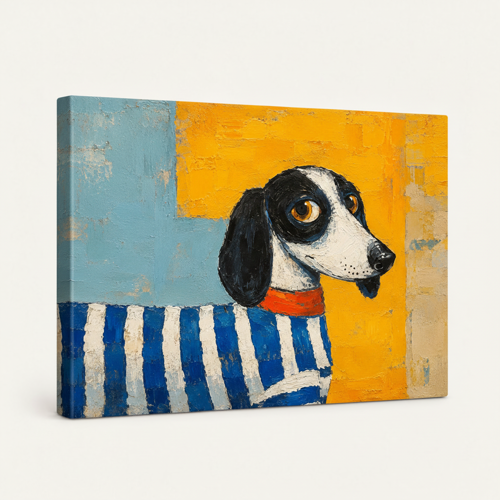 Close-up of bold pop art dachshund portrait in a striped sweater