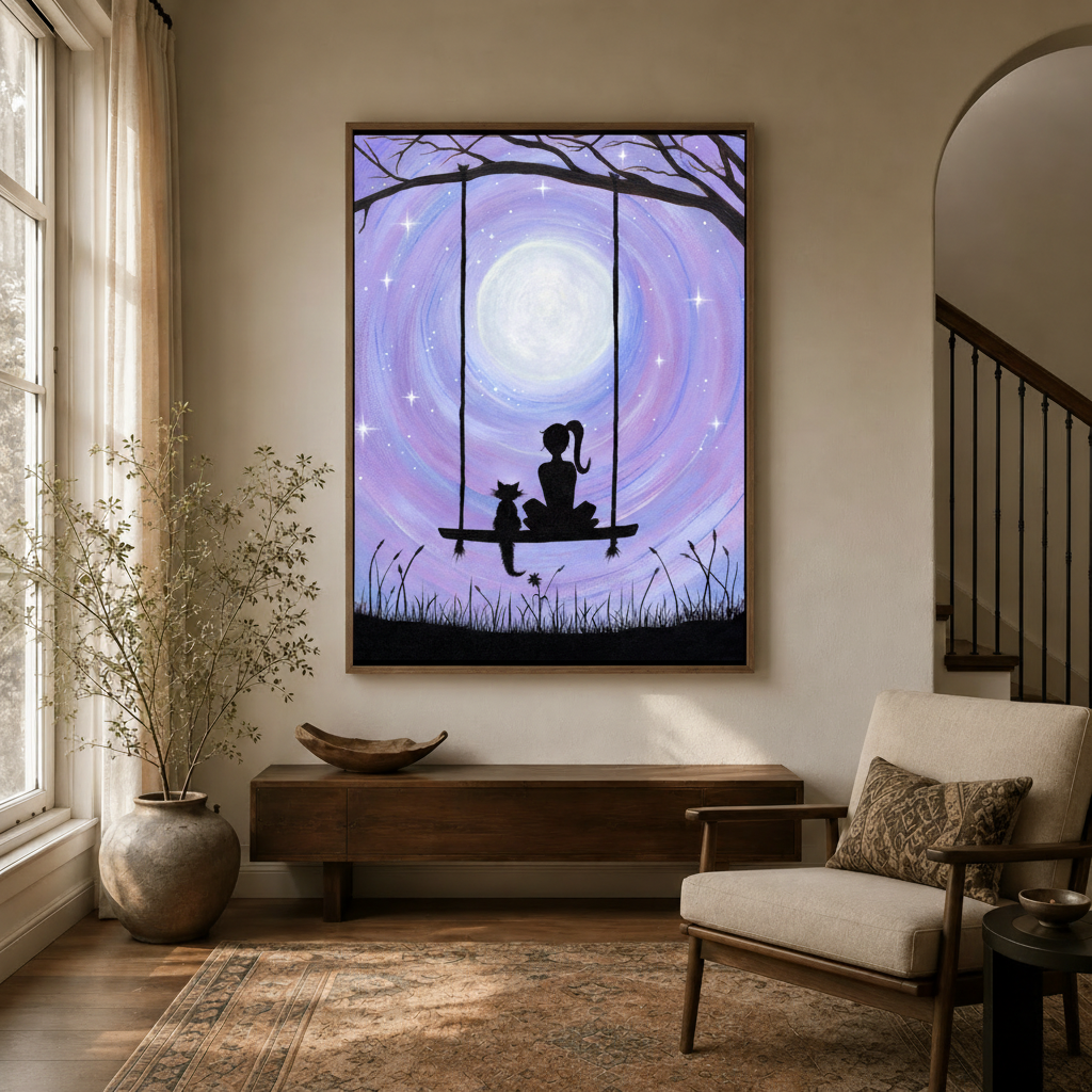 Romantic girl cat swing moon silhouette canvas wall art in elegant entryway with dark wood console