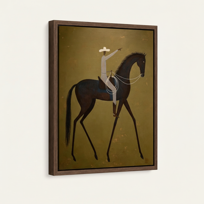 Folk art cowboy horse canvas in dark walnut float frame, front view product mockup on white background