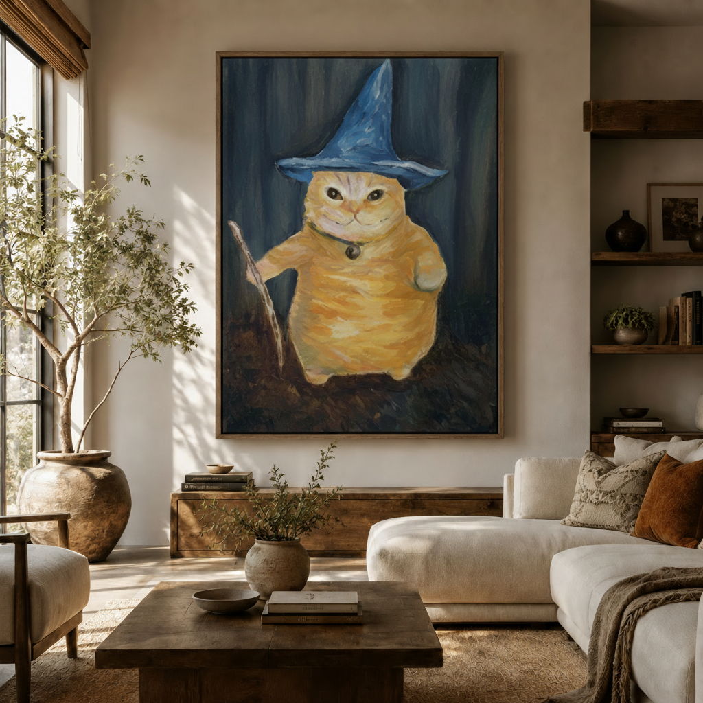 Oversized wizard cat wall art displayed in a bright boho living room above a linen sofa