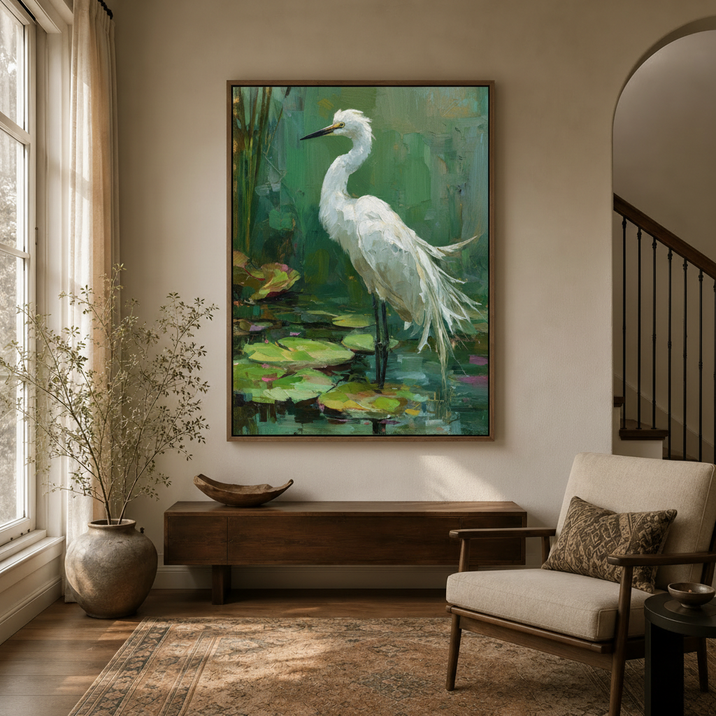 White egret pond impasto canvas in walnut float frame displayed in entryway above console table