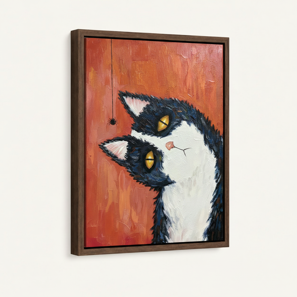 Framed tuxedo cat oil painting in dark walnut float frame on white background