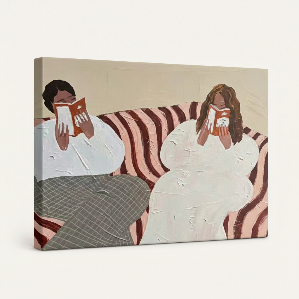 Gallery wrapped women reading canvas print, side angle showing blush cream wrapped edges on white background