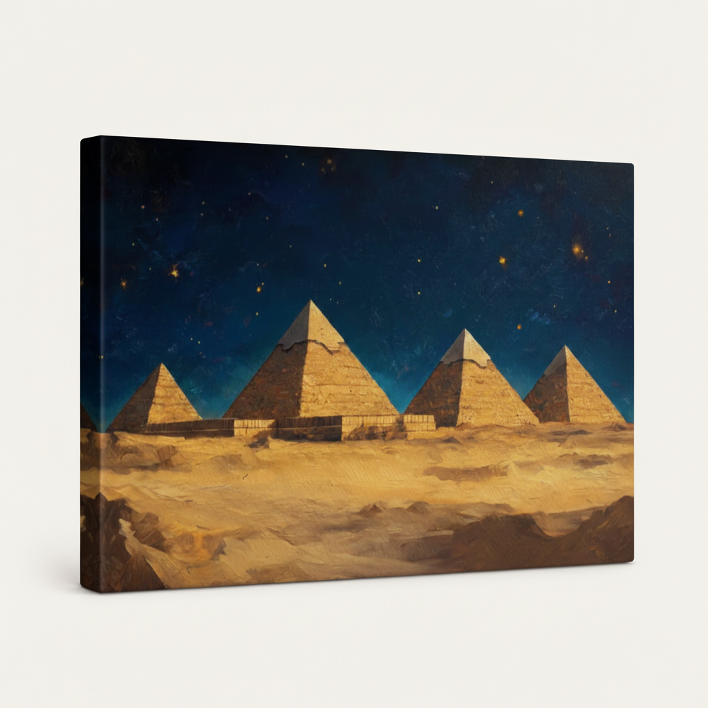 Gallery wrapped Egyptian pyramids canvas with starry night sky, side wrap visible on white background