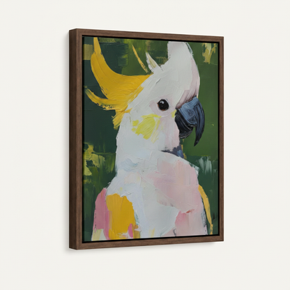 Cockatoo impasto oil painting in dark walnut float frame mounted on off-white wall, side angle