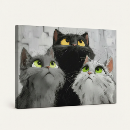 Gallery-wrapped three cats canvas showing rich fur detail and wrap depth on white background