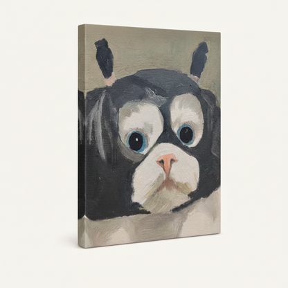 Gallery-wrapped dog portrait canvas showing thick painterly texture and wrapped edges on white background