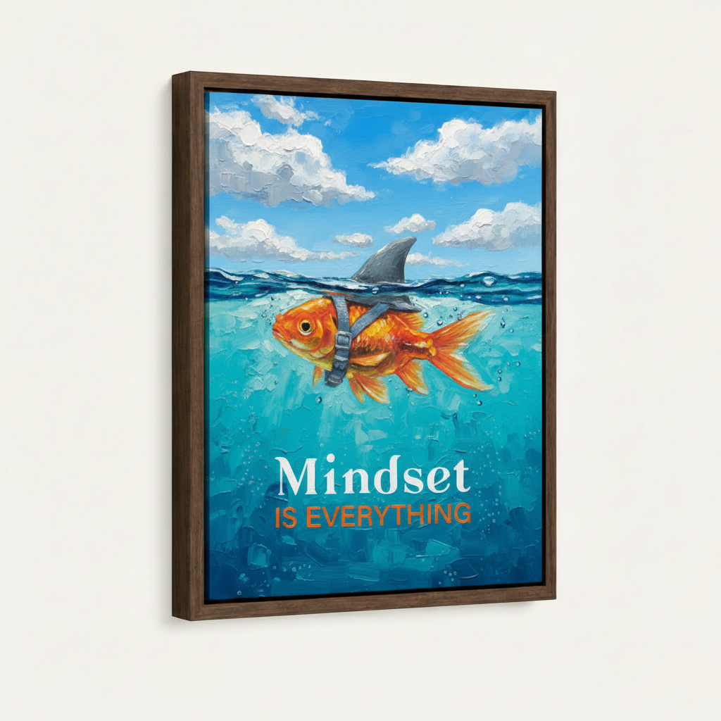 Framed mindset goldfish painting in dark walnut float frame on off-white background