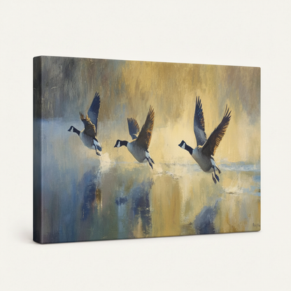 Gallery-wrapped wildlife canvas print of geese in flight, shown at an angle on white background