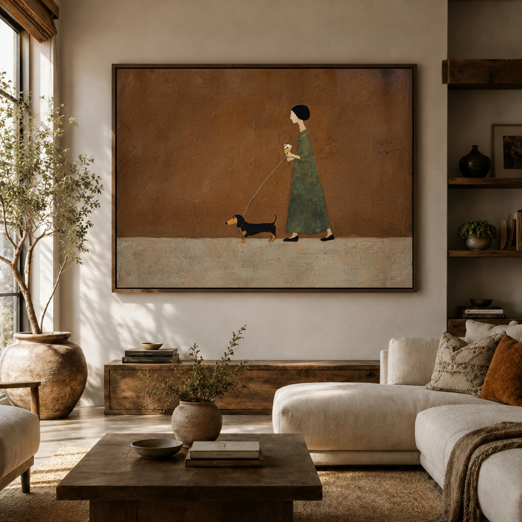Folk art woman walking dog canvas above console in bright Japandi living room with white sofa