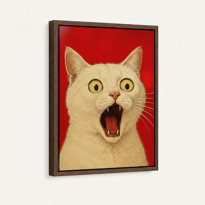 Screaming white cat hyperrealistic canvas print in dark walnut floating frame front view on white background