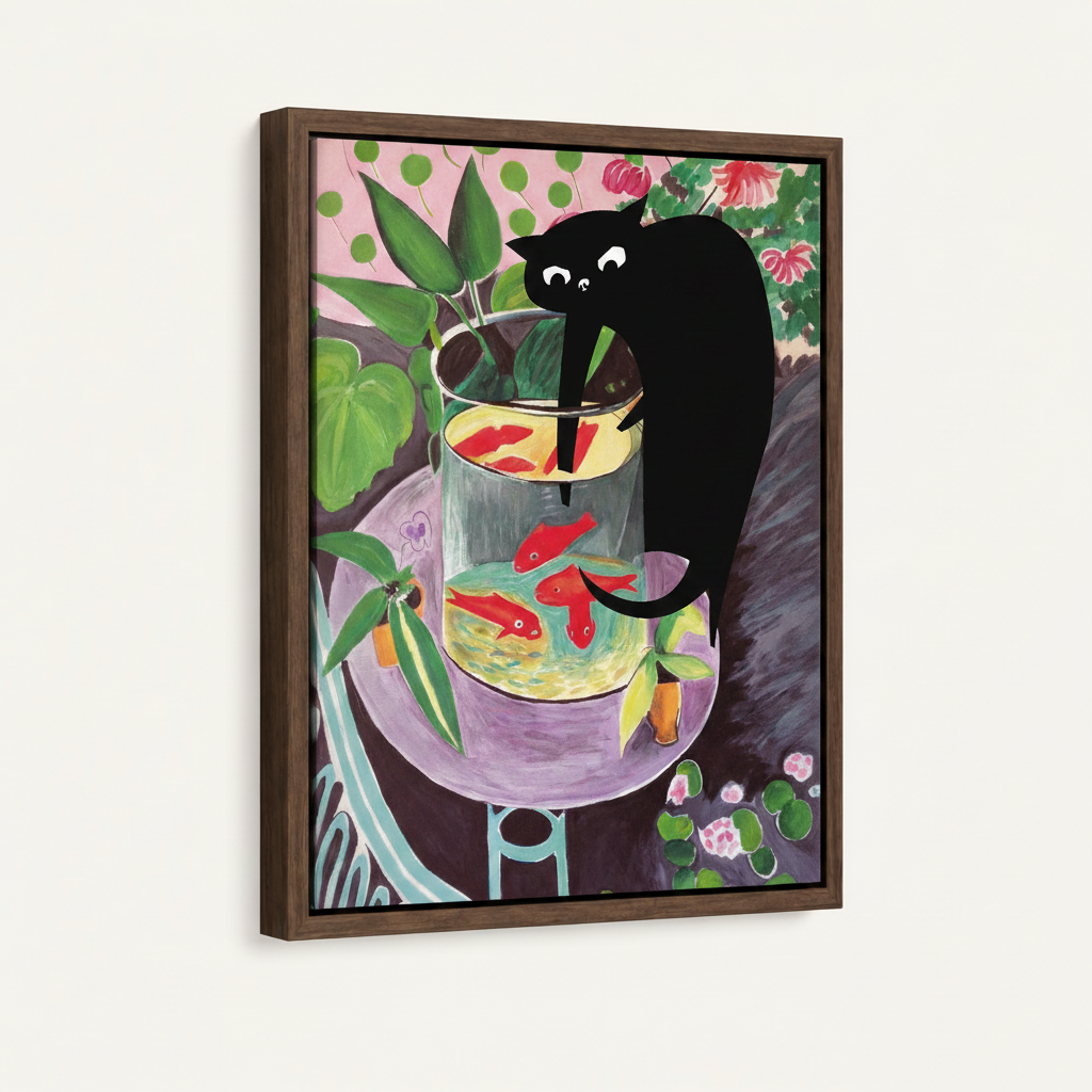 Black cat Matisse wall art in dark walnut floating frame front view on clean white background