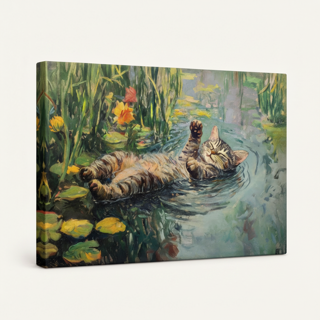Gallery wrapped canvas side view of impressionist cat pond painting on white background