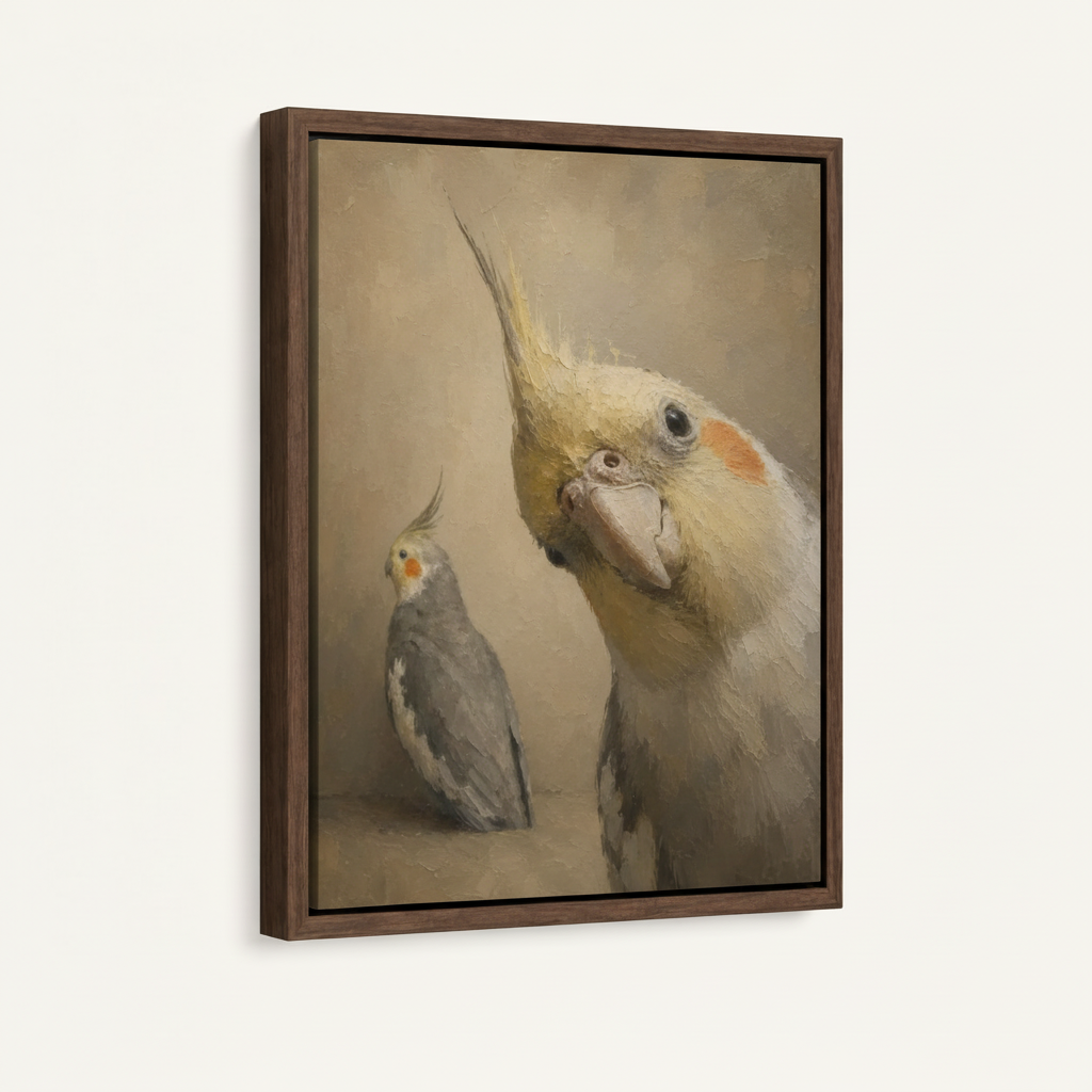 Cockatiel duo portrait in dark walnut float frame, white background 3/4 angle product shot
