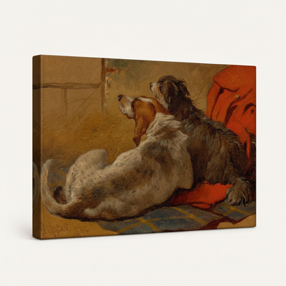 Gallery wrapped hunting dogs oil painting canvas print side angle view on white background
