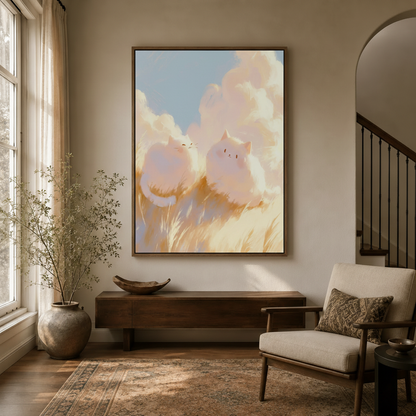 Dreamy two cats wheat field illustration canvas in dark walnut frame displayed in warm neutral modern entryway