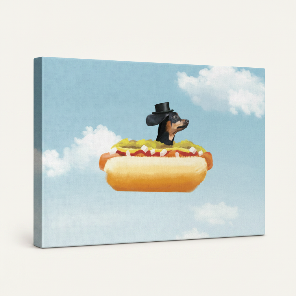Gallery-wrapped canvas print of dapper dachshund in hot dog bun floating in blue sky side view